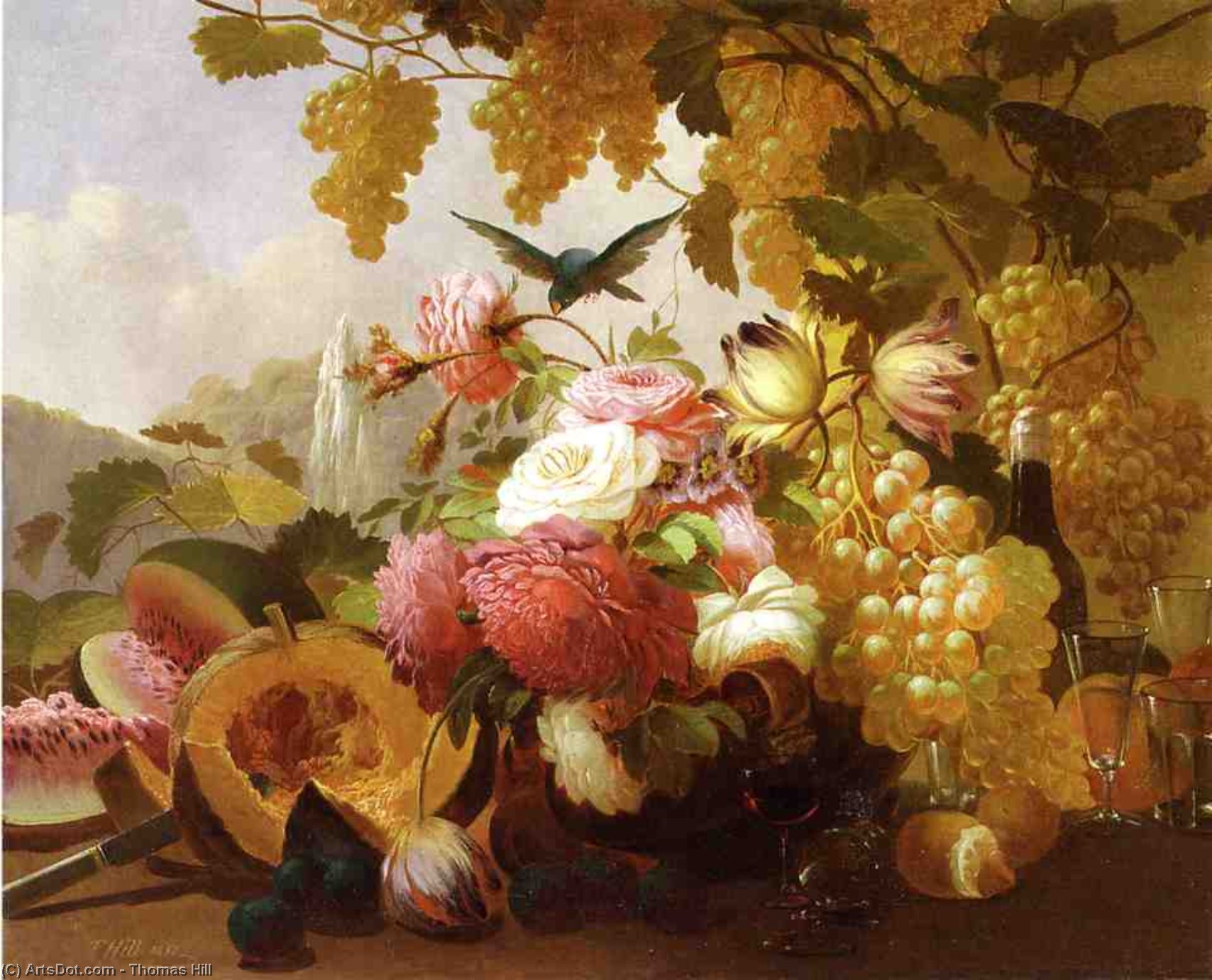 Wikioo.org - The Encyclopedia of Fine Arts - Painting, Artwork by Thomas Hill - Still Life with roses and Wine Glasses