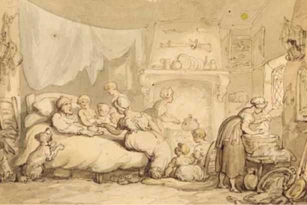 Wikioo.org - The Encyclopedia of Fine Arts - Painting, Artwork by Thomas Rowlandson - A father in his bed surrounded by his wife and children