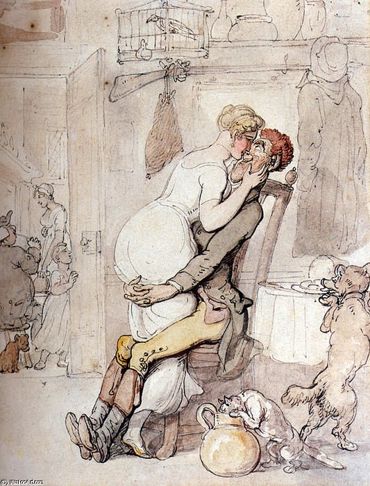 Wikioo.org - The Encyclopedia of Fine Arts - Painting, Artwork by Thomas Rowlandson - A Kiss In The Kitchen