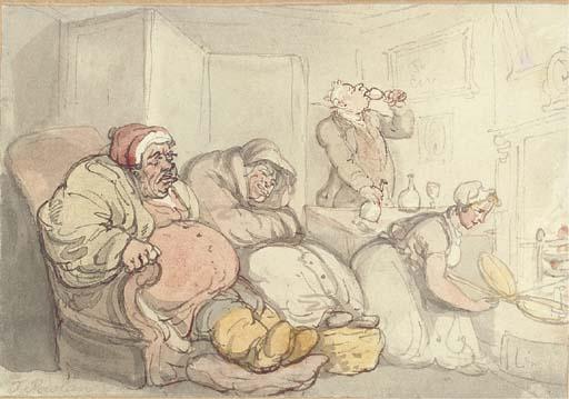 Wikioo.org - The Encyclopedia of Fine Arts - Painting, Artwork by Thomas Rowlandson - Almost Bed Time & the Butler clearing the Table