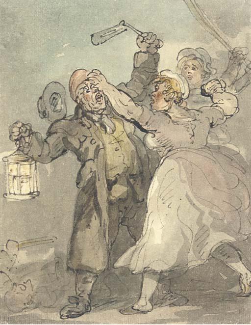 WikiOO.org - Encyclopedia of Fine Arts - Målning, konstverk Thomas Rowlandson - Attacking the night watchman