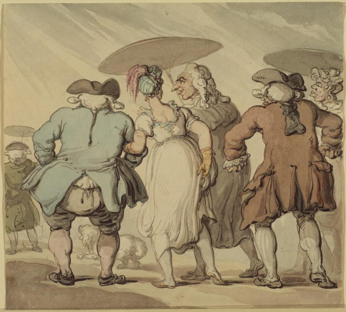 Wikioo.org - The Encyclopedia of Fine Arts - Painting, Artwork by Thomas Rowlandson - Group of figures caught in a storm, seen from behind