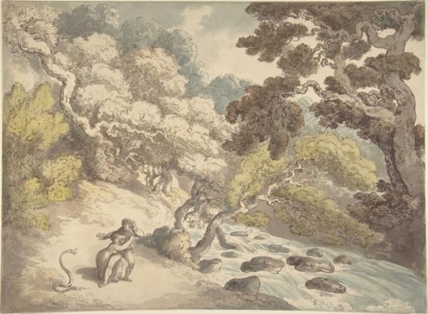 Wikioo.org - The Encyclopedia of Fine Arts - Painting, Artwork by Thomas Rowlandson - Landscape with rushing stream and a couple on the bank, frightened by a snake