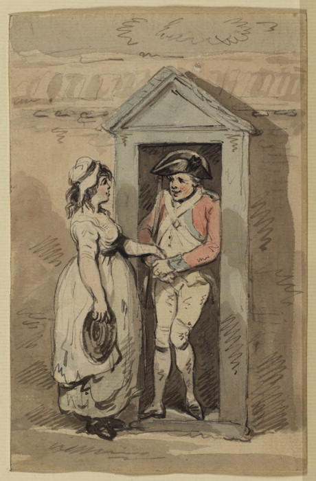 Wikioo.org - The Encyclopedia of Fine Arts - Painting, Artwork by Thomas Rowlandson - Sentry in his box, with a young woman