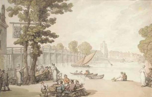 Wikioo.org - The Encyclopedia of Fine Arts - Painting, Artwork by Thomas Rowlandson - The Garden of the Swan Inn by Putney Bridge