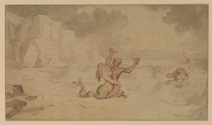 Wikioo.org - The Encyclopedia of Fine Arts - Painting, Artwork by Thomas Rowlandson - Two mermaids and a bather by the seashore