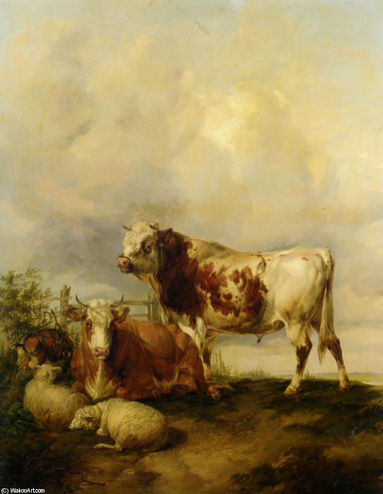 Wikioo.org - The Encyclopedia of Fine Arts - Painting, Artwork by Thomas Sidney Cooper - A Bull and Cow with Two Sheep and Goat