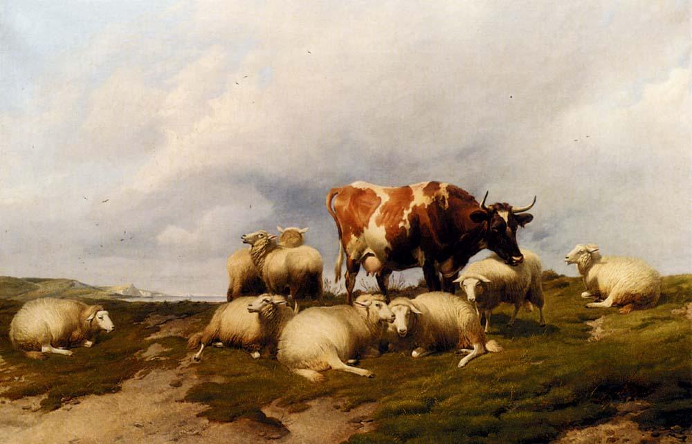 Wikioo.org - The Encyclopedia of Fine Arts - Painting, Artwork by Thomas Sidney Cooper - A Cow And Sheep On The Cliffs