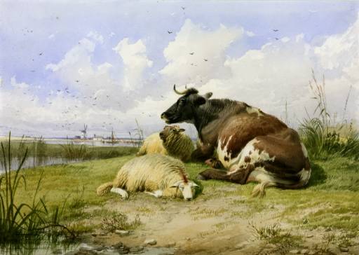 WikiOO.org - دایره المعارف هنرهای زیبا - نقاشی، آثار هنری Thomas Sidney Cooper - A Cow and Two Sheep