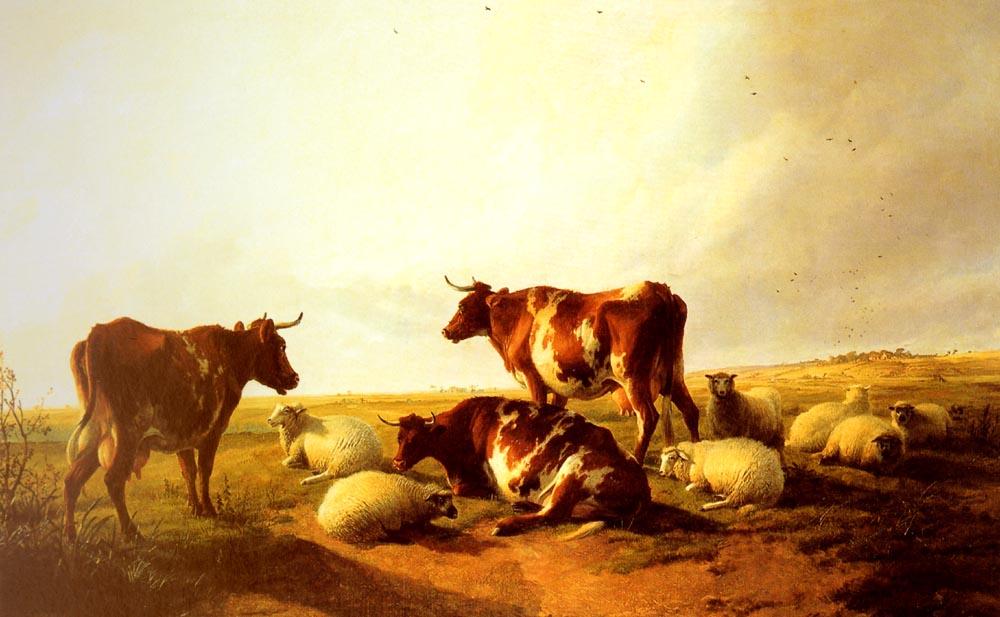 WikiOO.org - Encyclopedia of Fine Arts - Målning, konstverk Thomas Sidney Cooper - Cattle and Sheep in a Landscape