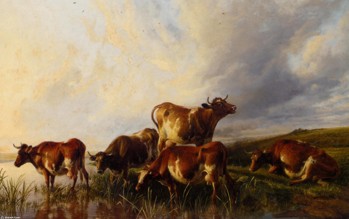 Wikoo.org - موسوعة الفنون الجميلة - اللوحة، العمل الفني Thomas Sidney Cooper - Cattle Wattering
