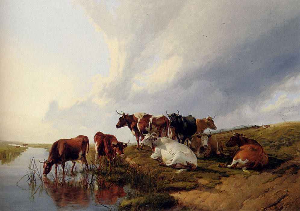Wikioo.org - The Encyclopedia of Fine Arts - Painting, Artwork by Thomas Sidney Cooper - Evening In The Meadows