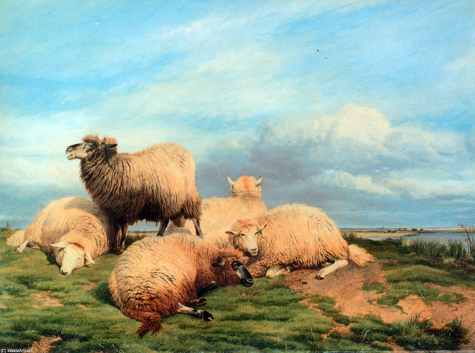 Wikoo.org - موسوعة الفنون الجميلة - اللوحة، العمل الفني Thomas Sidney Cooper - Landscape with Sheep