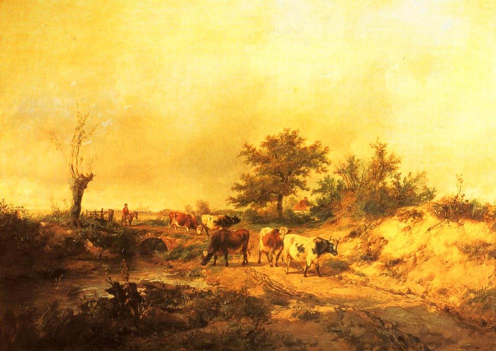 Wikioo.org - The Encyclopedia of Fine Arts - Painting, Artwork by Thomas Sidney Cooper - Near Canterbury. a Boy on a Donkey driving Cattle along a Road, the Cathedral beyond