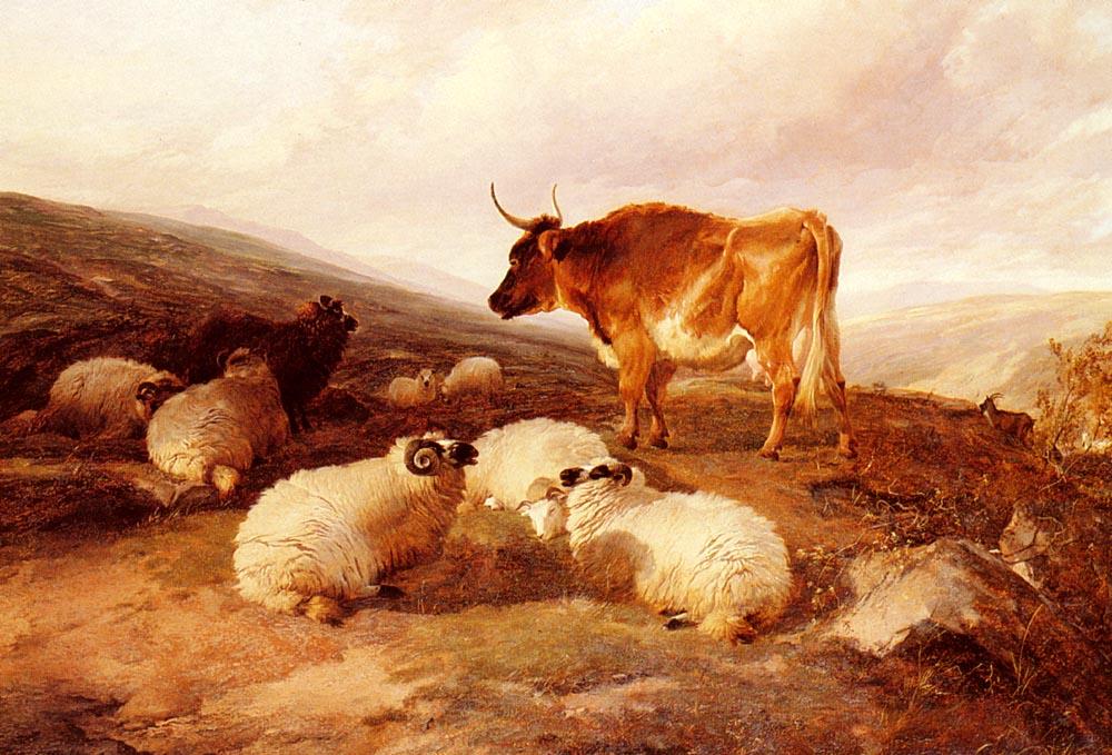 Wikioo.org - The Encyclopedia of Fine Arts - Painting, Artwork by Thomas Sidney Cooper - Rams And A Bull In A Highland Landscape