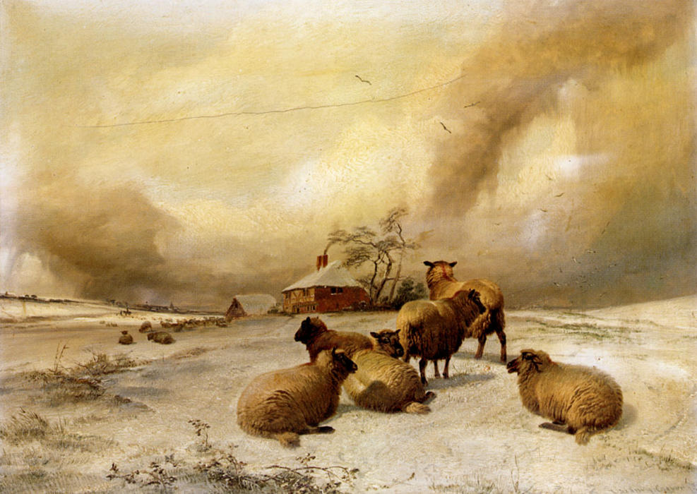 Wikoo.org - موسوعة الفنون الجميلة - اللوحة، العمل الفني Thomas Sidney Cooper - Sheep In A Winter Landscape