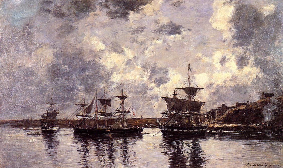 Wikioo.org - The Encyclopedia of Fine Arts - Painting, Artwork by Eugène Louis Boudin - Camaret, Three Masters Anchored in the Harbor