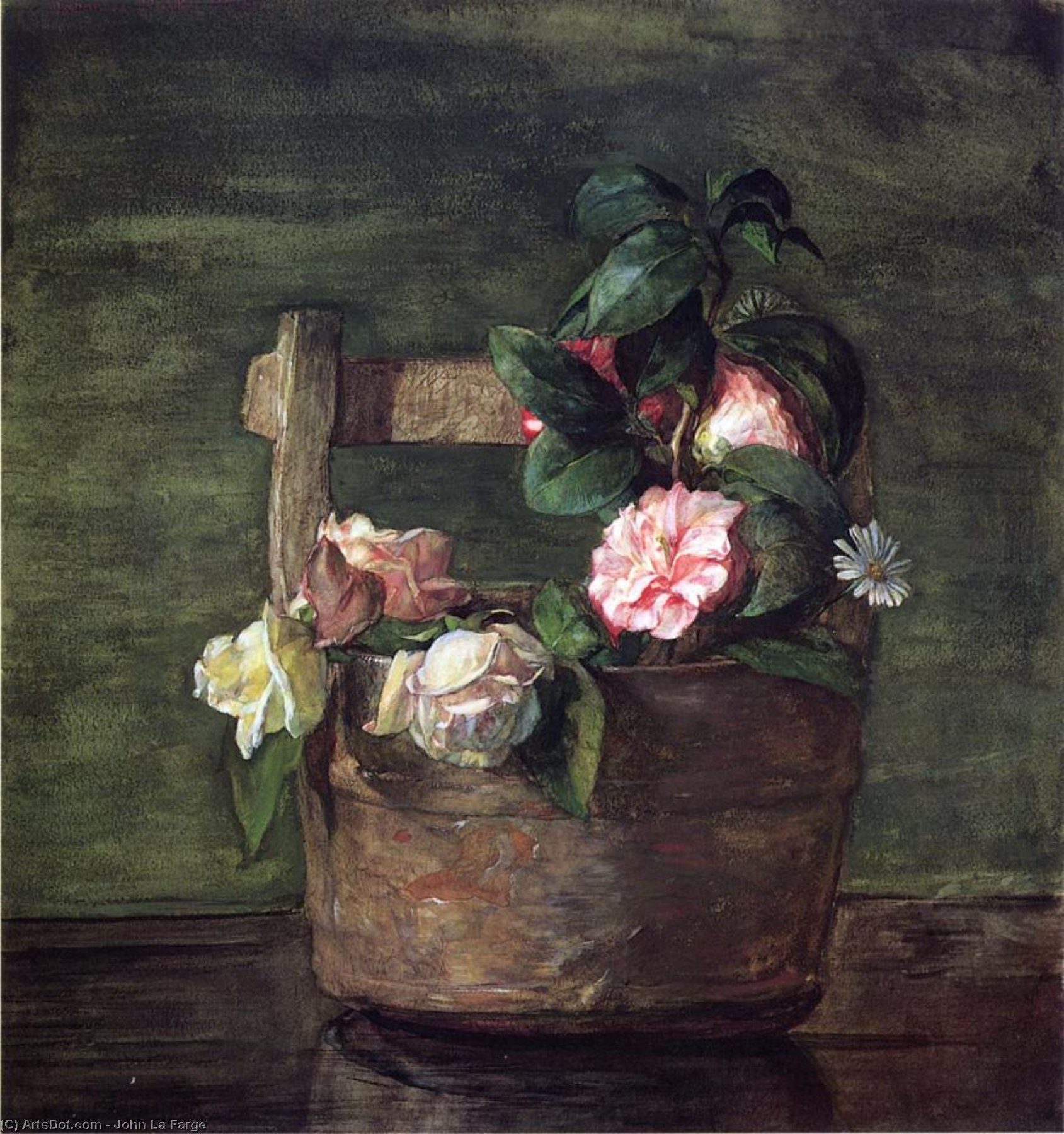 Wikioo.org - The Encyclopedia of Fine Arts - Painting, Artwork by John La Farge - Camellias and Roses in Japanese Vase of Earthenware with Crackle