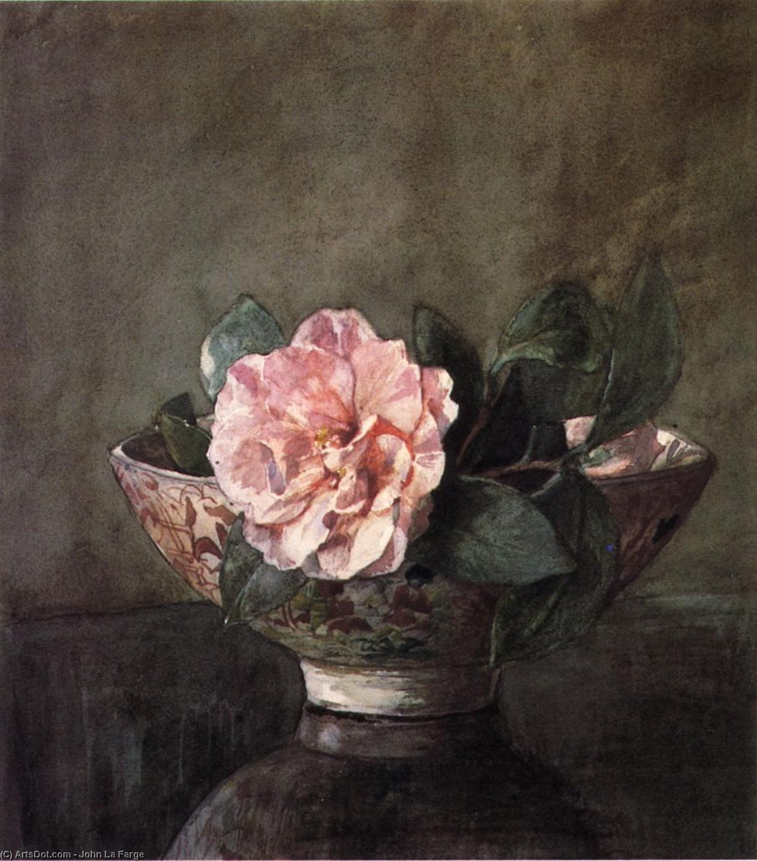 Wikioo.org - The Encyclopedia of Fine Arts - Painting, Artwork by John La Farge - Camellia in Old Chinese Vase on Black Lacquer Table