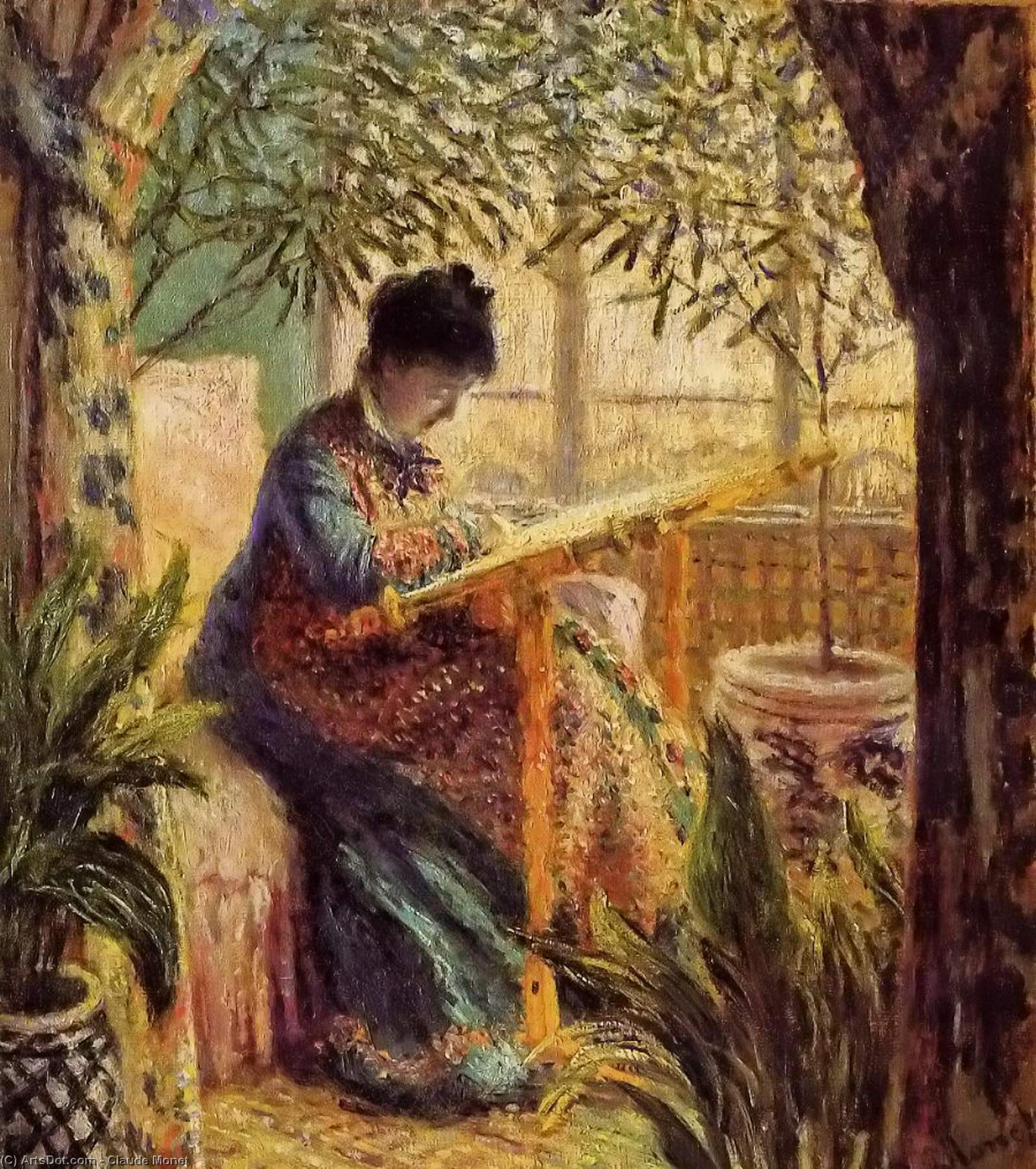 Wikioo.org - สารานุกรมวิจิตรศิลป์ - จิตรกรรม Claude Monet - Camille Embroidering
