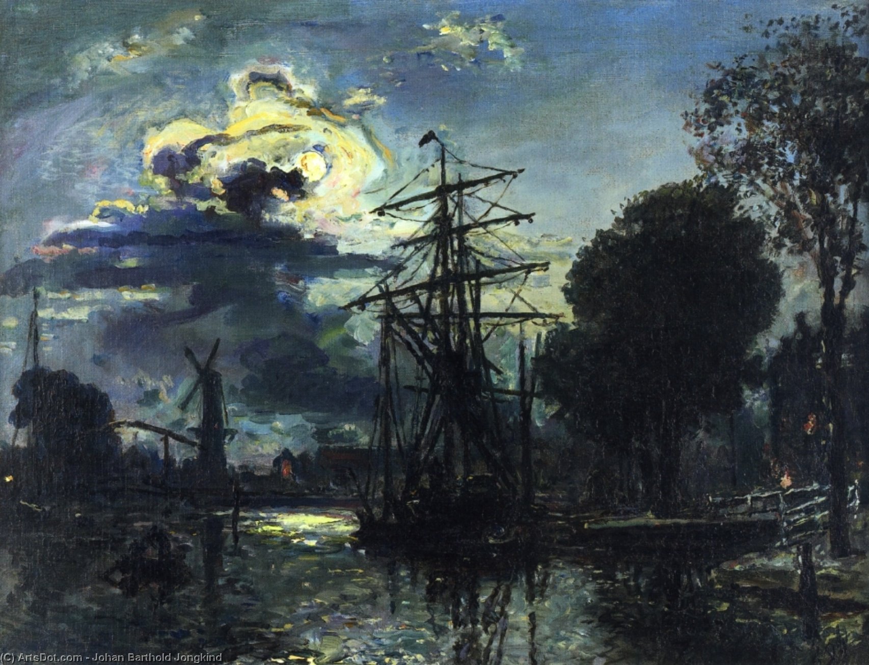 Wikioo.org - The Encyclopedia of Fine Arts - Painting, Artwork by Johan Barthold Jongkind - Canal in the Moonlight