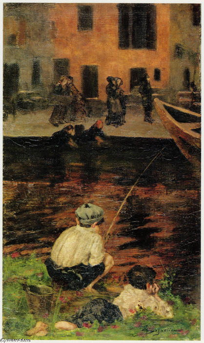 Wikioo.org – La Enciclopedia de las Bellas Artes - Pintura, Obras de arte de Giovanni Segantini - Canal Naviglio con dos muchachos de pesca