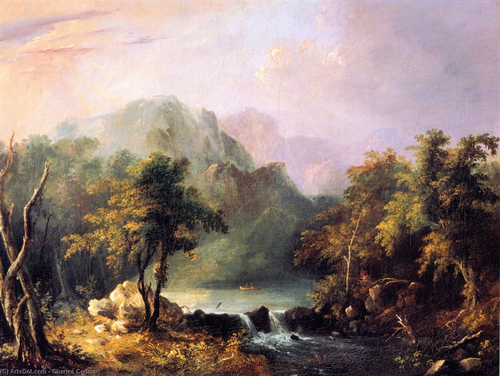 Wikioo.org - สารานุกรมวิจิตรศิลป์ - จิตรกรรม Charles Codman - Canoeing by the Rapids at Twilight