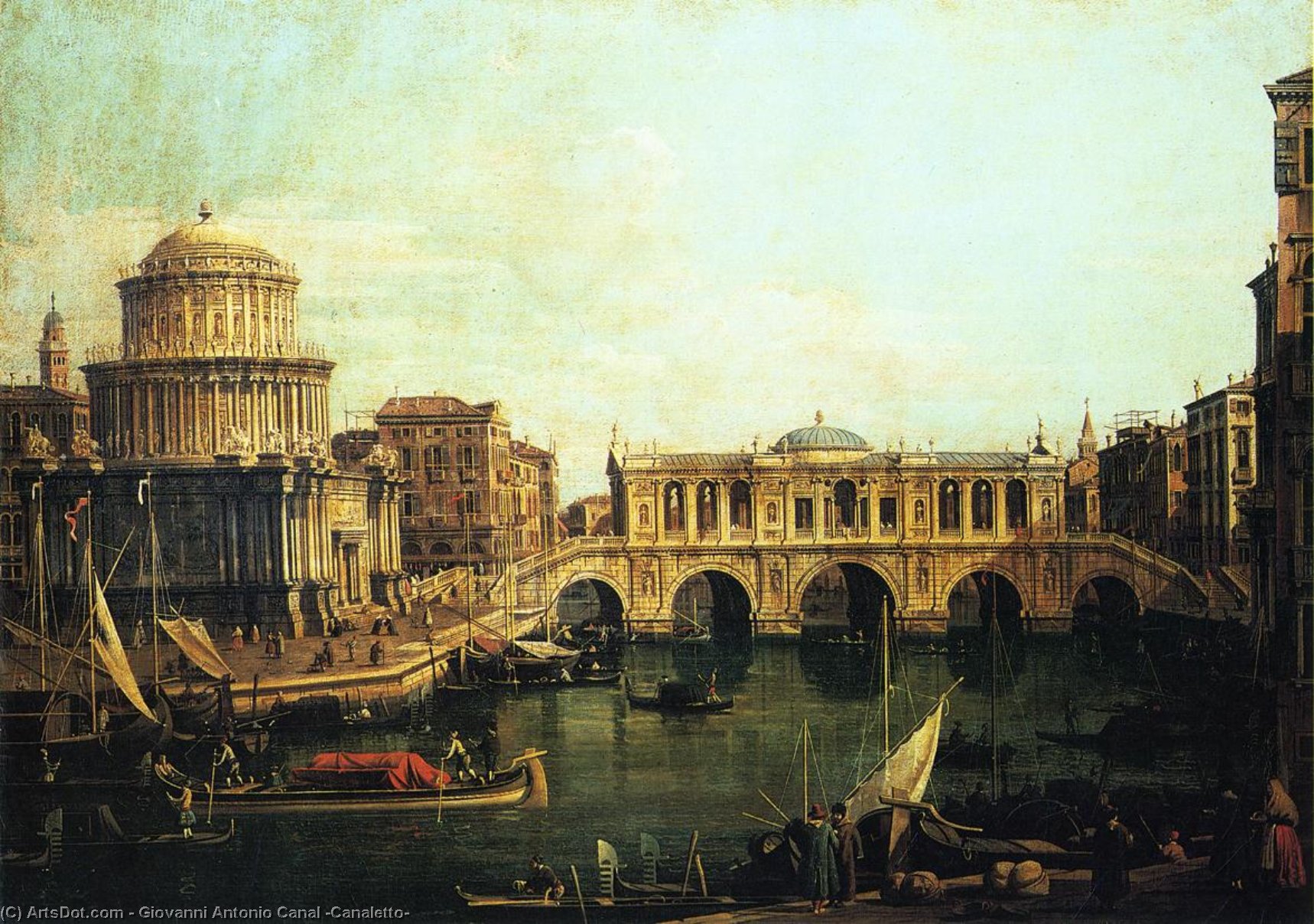 Wikioo.org - The Encyclopedia of Fine Arts - Painting, Artwork by Giovanni Antonio Canal (Canaletto) - Capriccio of the Grand Canal With an Imaginary Rialto Bridge and Other Buildings