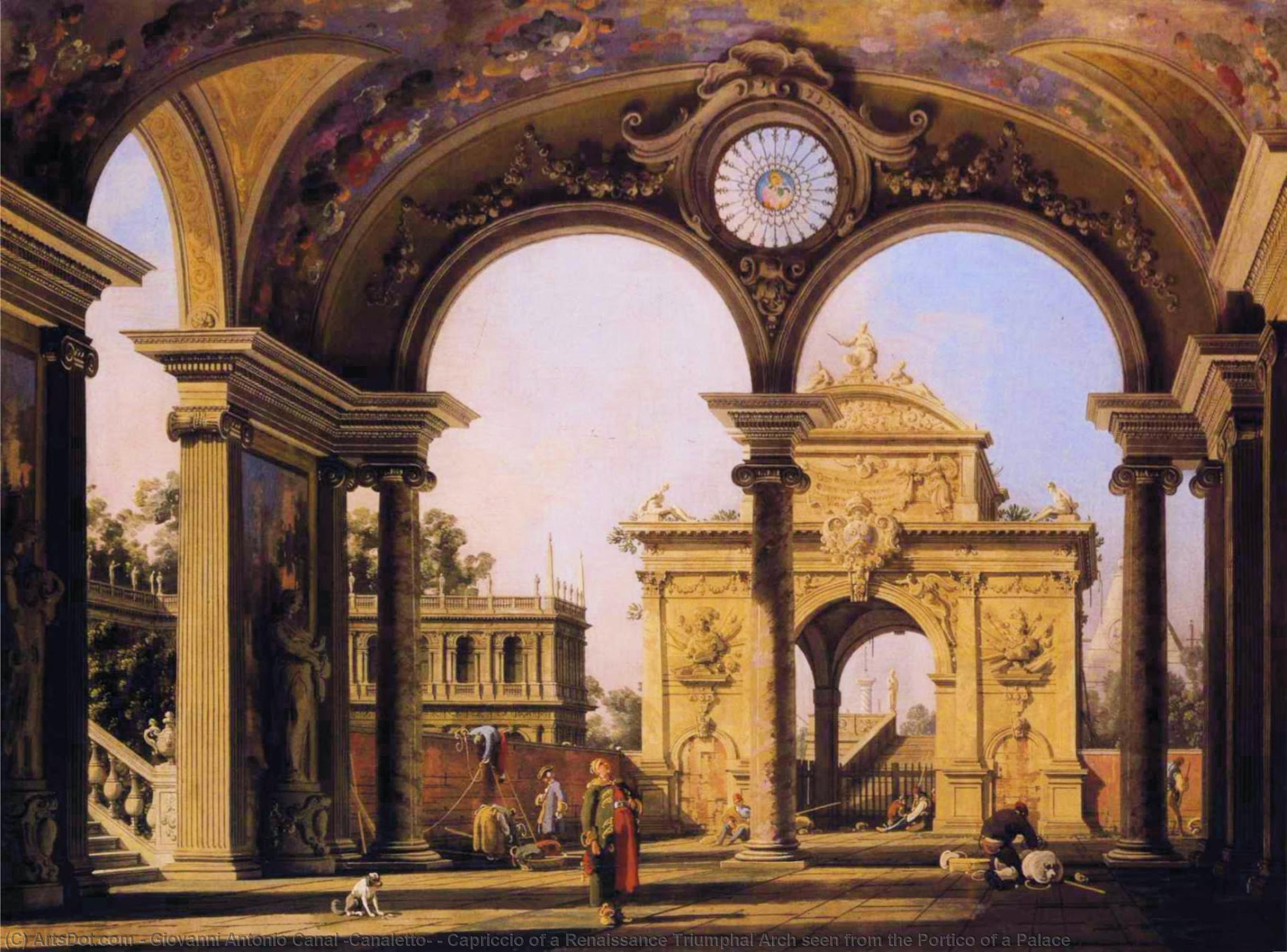 Wikioo.org - The Encyclopedia of Fine Arts - Painting, Artwork by Giovanni Antonio Canal (Canaletto) - Capriccio of a Renaissance Triumphal Arch seen from the Portico of a Palace