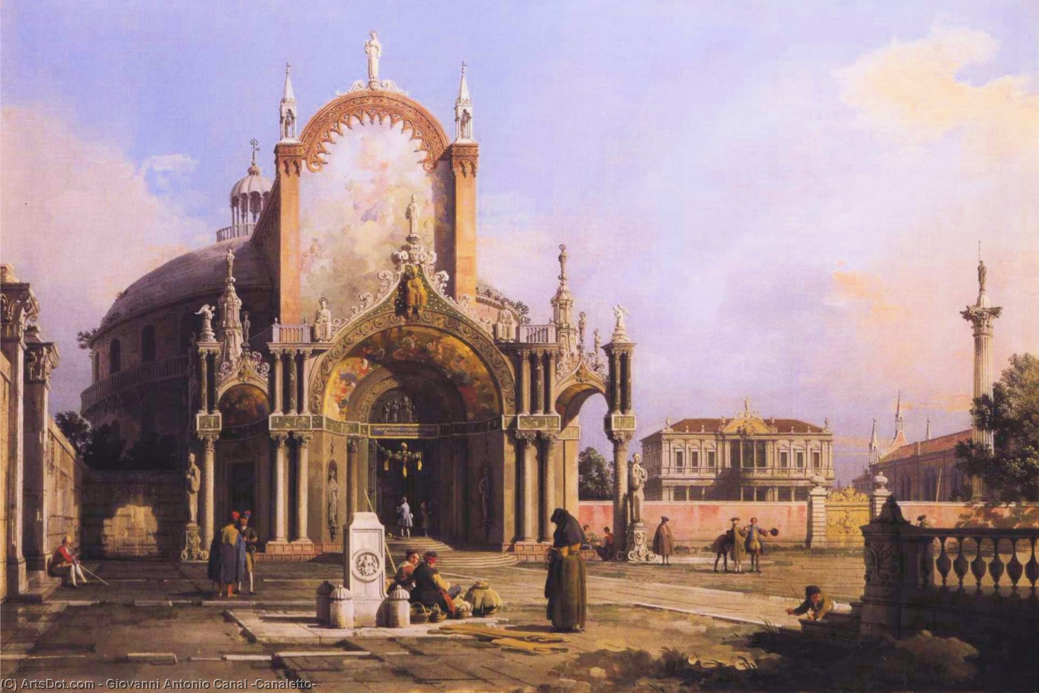 Wikioo.org - The Encyclopedia of Fine Arts - Painting, Artwork by Giovanni Antonio Canal (Canaletto) - Capriccio of a Round Church with an Elaborate Gothic Portico in a Piazza, a Palladian Piazza and a Gothic Church Beyond