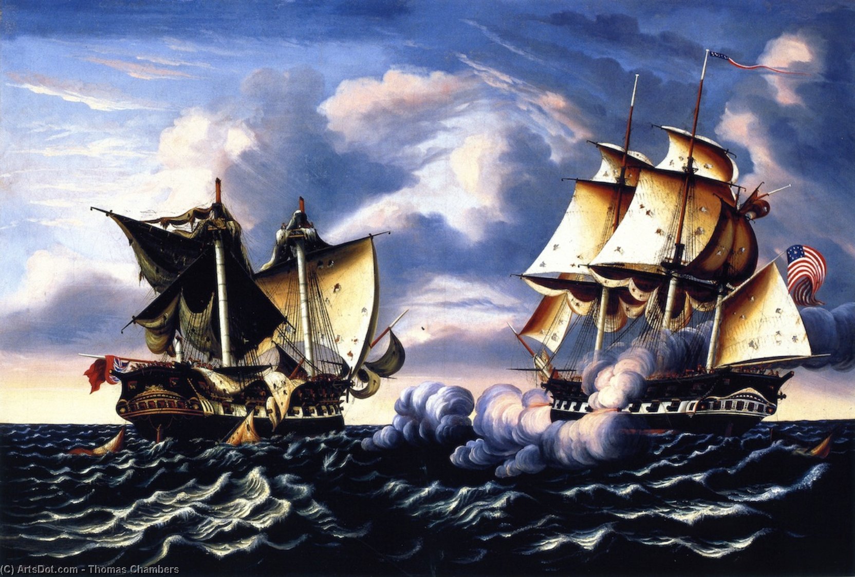 Wikioo.org - The Encyclopedia of Fine Arts - Painting, Artwork by Thomas Chambers - Capture of H.B.M. Frigate Macedonian by U.S.S. Frigate United States