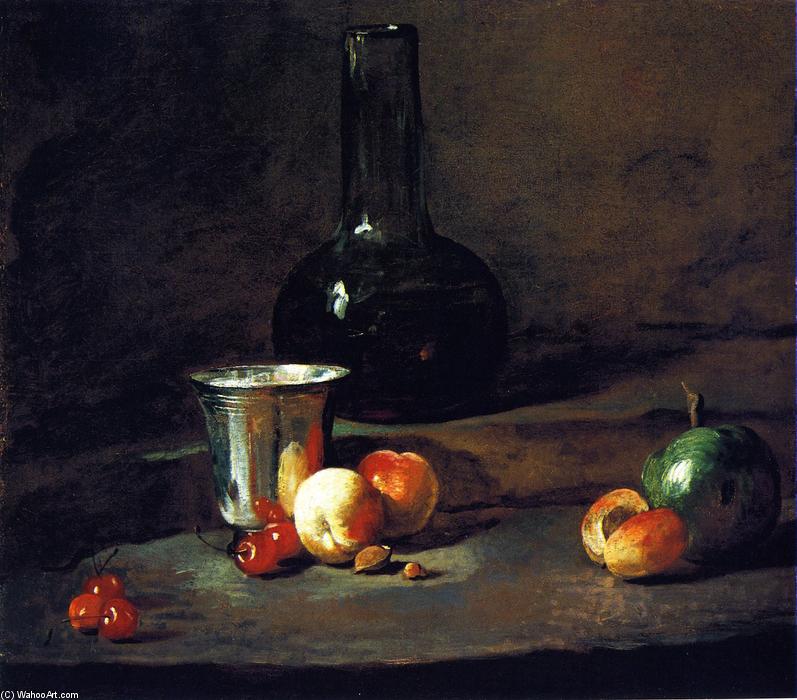 Wikioo.org - The Encyclopedia of Fine Arts - Painting, Artwork by Jean-Baptiste Simeon Chardin - Carafe of Wine, Silver Goblet, Five Cherries, Two Peaches, an Apricot and a Green Apple