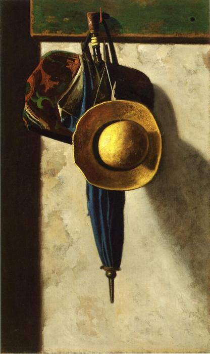 Wikioo.org - สารานุกรมวิจิตรศิลป์ - จิตรกรรม John Frederick Peto - Carpetbag, Hat and Umbrella