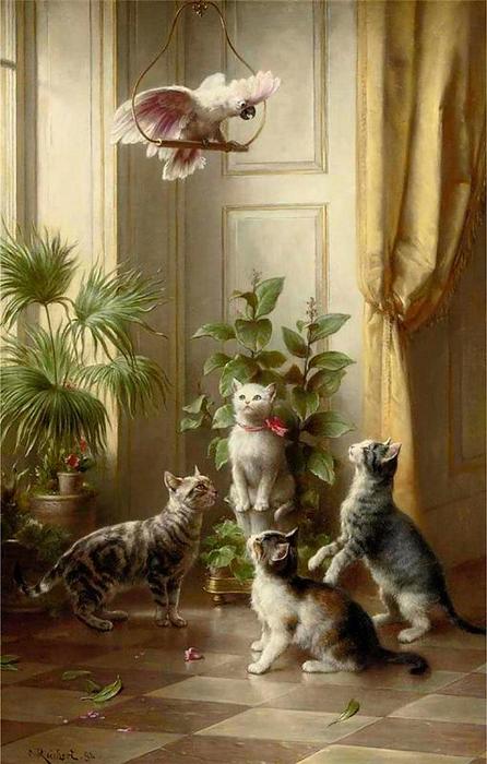 WikiOO.org - Encyclopedia of Fine Arts - Målning, konstverk Carl Reichert - Cats and the cockatoo