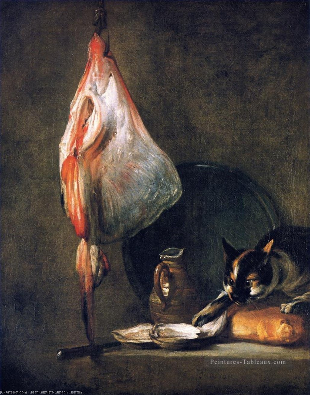 Wikioo.org - The Encyclopedia of Fine Arts - Painting, Artwork by Jean-Baptiste Simeon Chardin - Cat with Ray, Oysters, Pitcher and Loaf of Bread