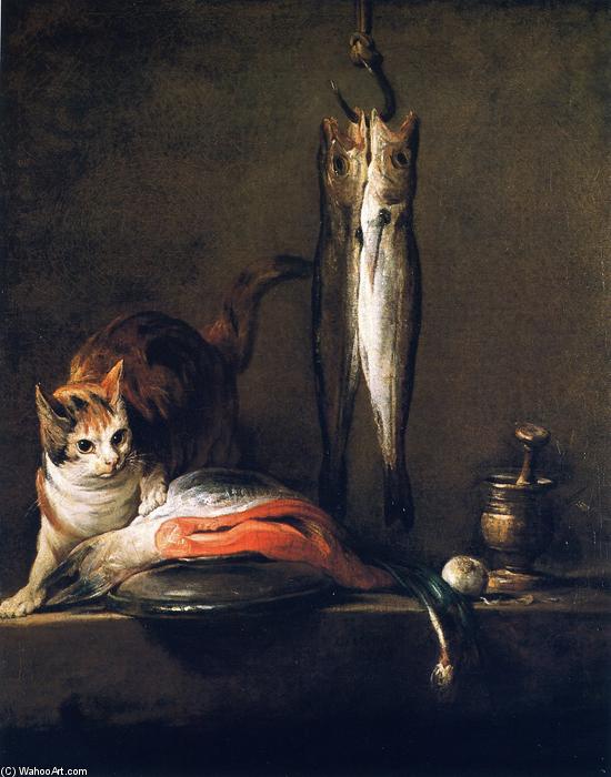 Wikioo.org - The Encyclopedia of Fine Arts - Painting, Artwork by Jean-Baptiste Simeon Chardin - Cat with Salmon, Two Mackerel, Pestle and Mortar