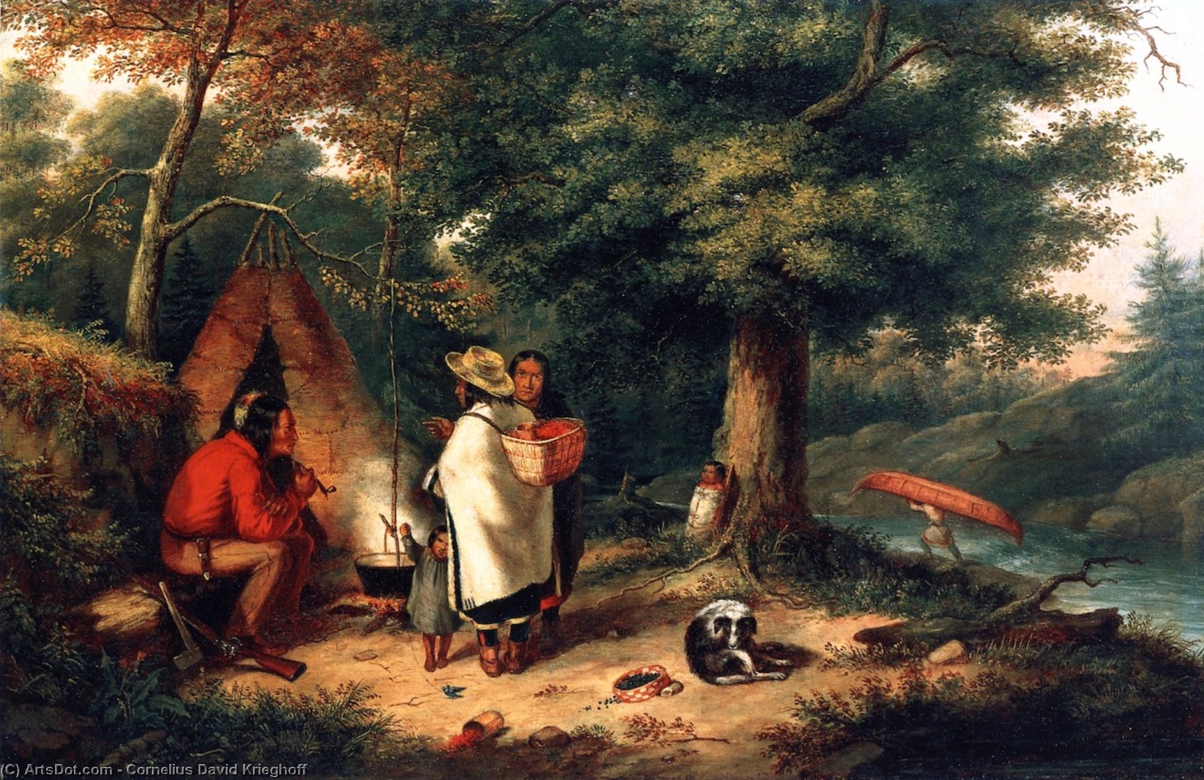 Wikoo.org - موسوعة الفنون الجميلة - اللوحة، العمل الفني Cornelius David Krieghoff - Caughnawaga Indian Encampment at a Portage