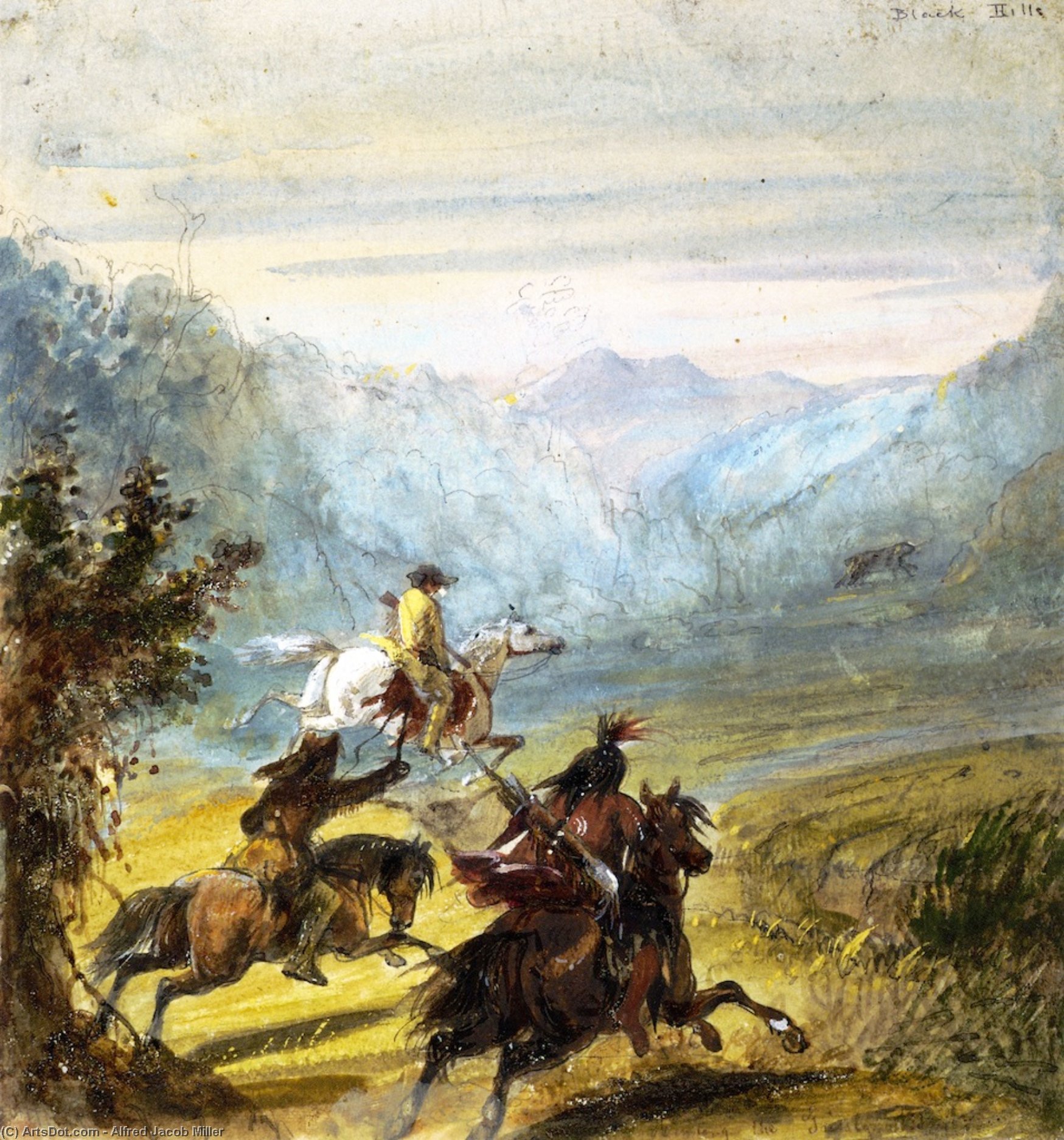Wikioo.org - The Encyclopedia of Fine Arts - Painting, Artwork by Alfred Jacob Miller - Chase of the Grizzly Bear, Black Hills