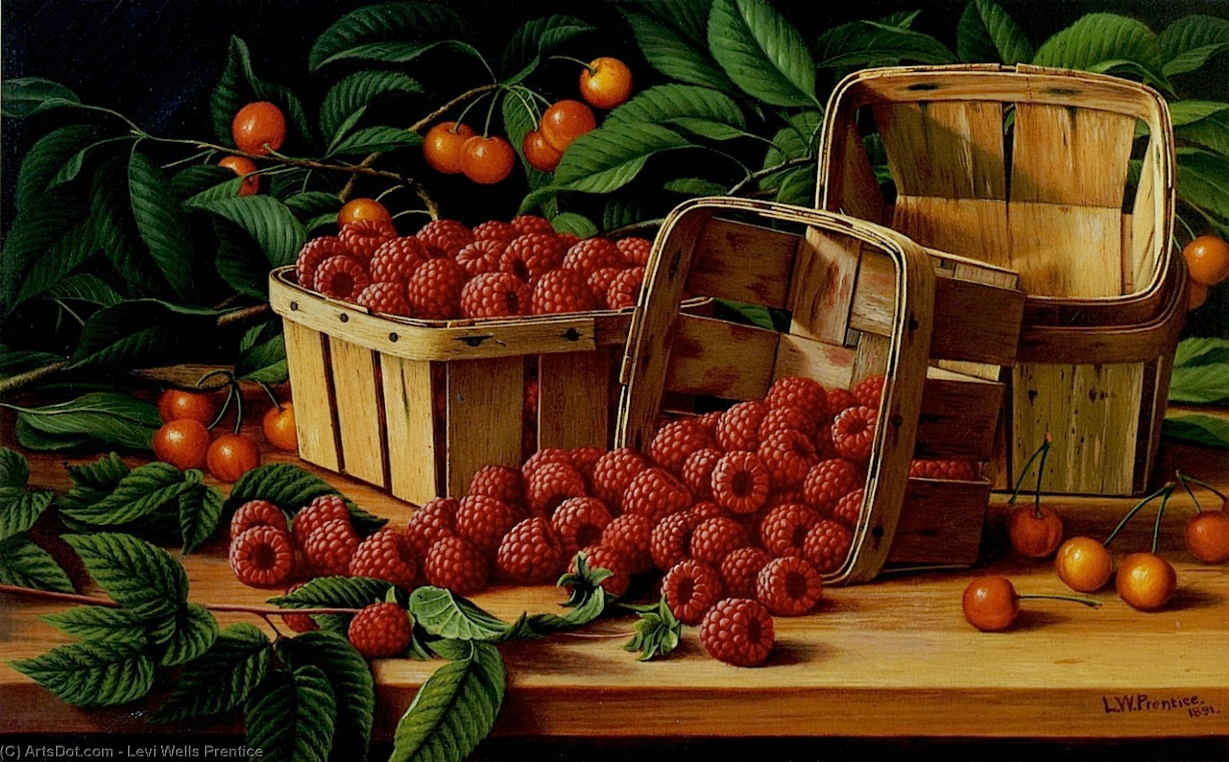 Wikioo.org - The Encyclopedia of Fine Arts - Painting, Artwork by Levi Wells Prentice - Cherries and Raspberries in a Basket