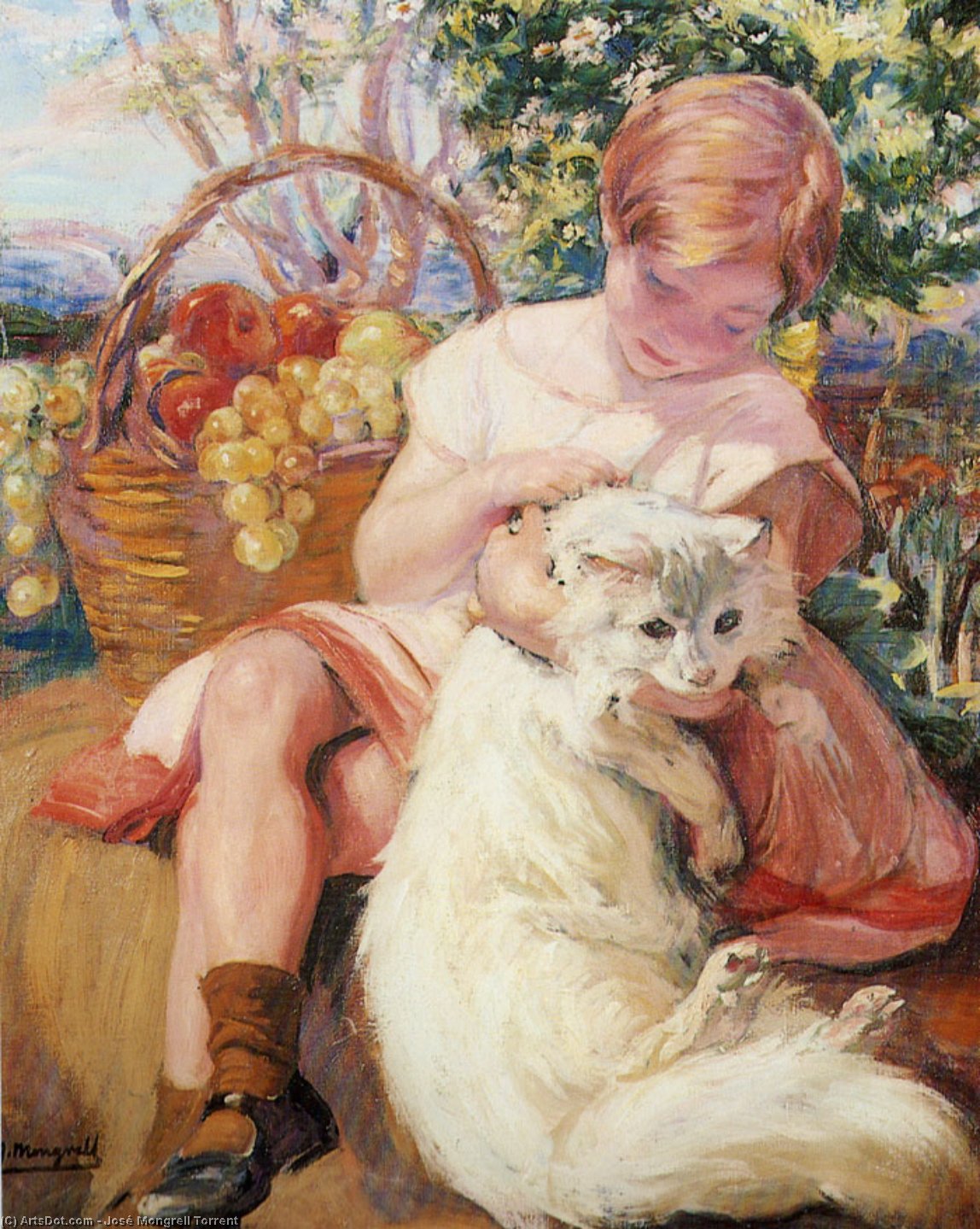 Wikioo.org - The Encyclopedia of Fine Arts - Painting, Artwork by José Mongrell Torrent - Chica con gato (also known as El gato de angora)