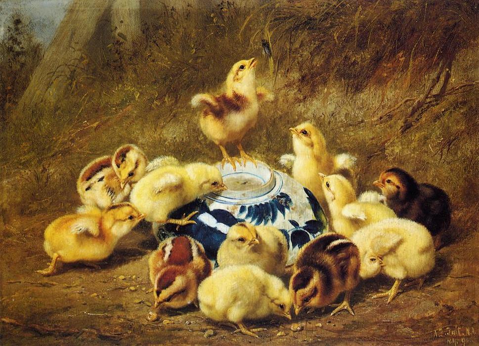 Wikioo.org - The Encyclopedia of Fine Arts - Painting, Artwork by Arthur Fitzwilliam Tait - Chicks and Delft Bowl