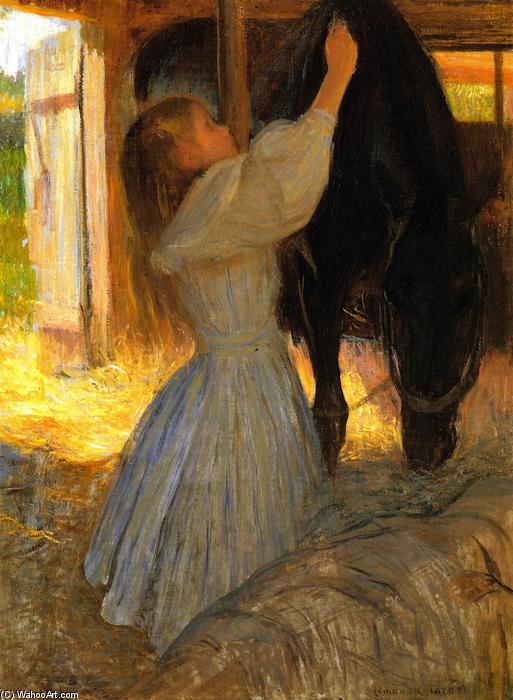 Wikioo.org - The Encyclopedia of Fine Arts - Painting, Artwork by Edmund Charles Tarbell - Child Grooming a Horse