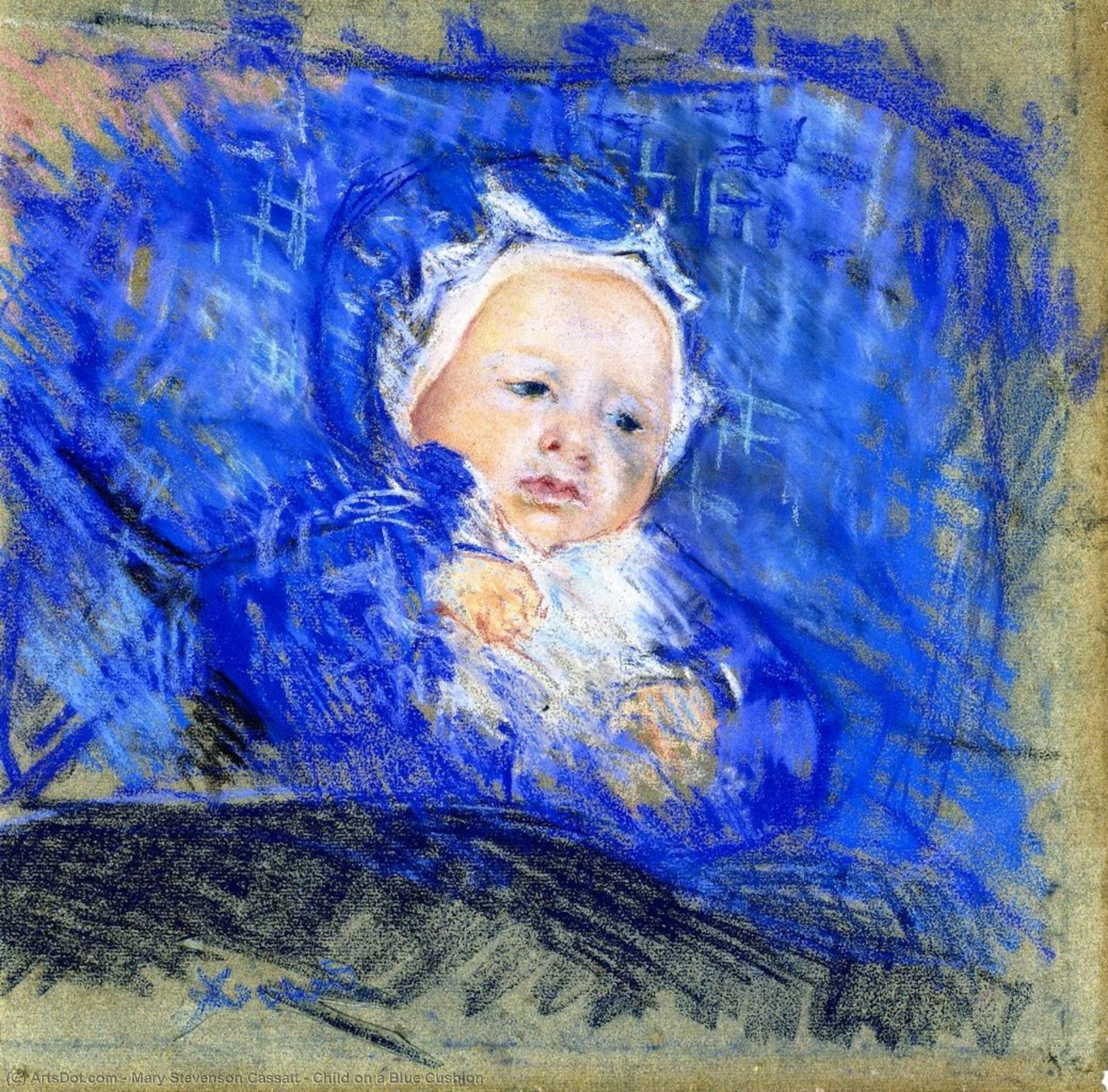 Wikioo.org - Die Enzyklopädie bildender Kunst - Malerei, Kunstwerk von Mary Stevenson Cassatt - kind auf einer blau kissen