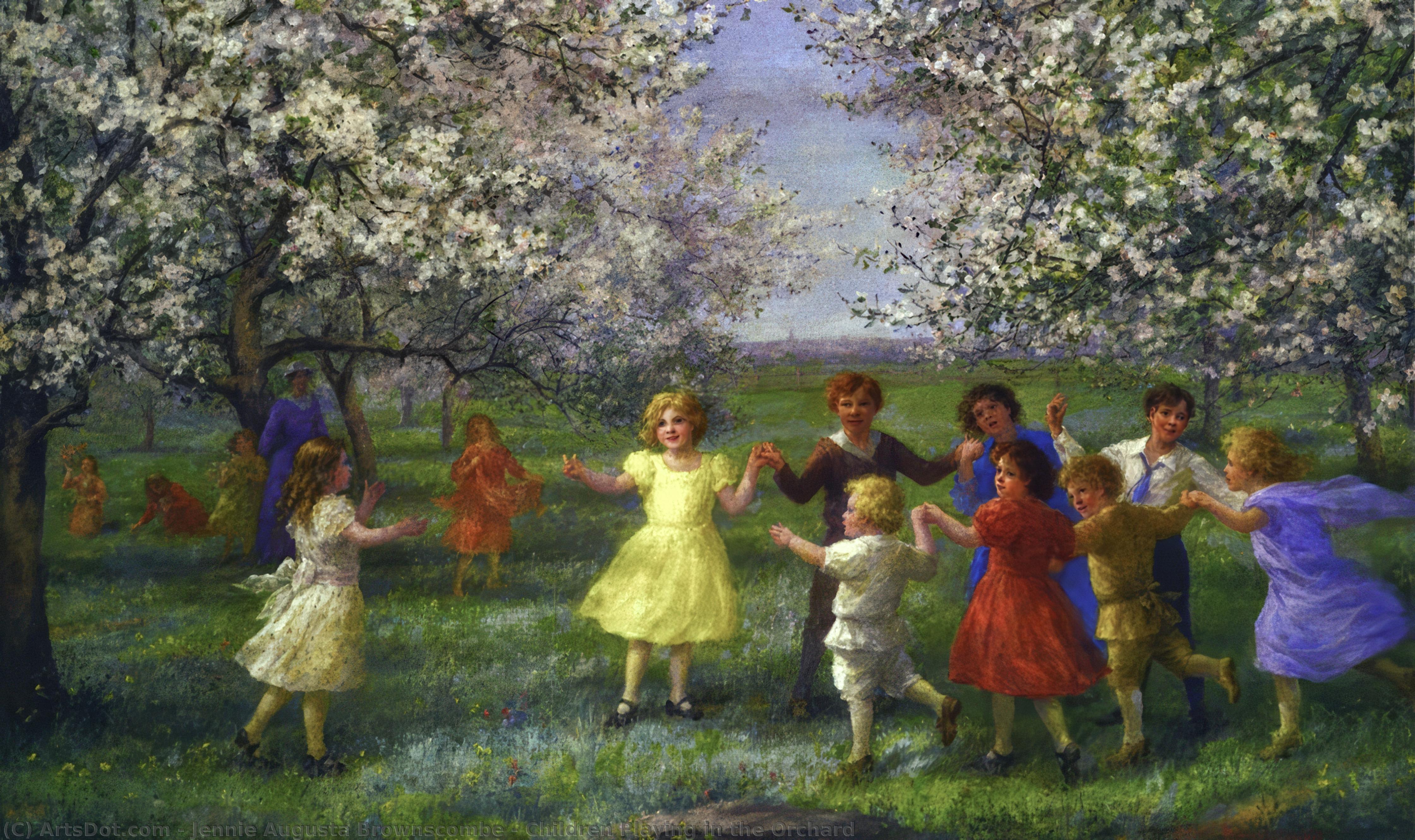 Wikioo.org - The Encyclopedia of Fine Arts - Painting, Artwork by Jennie Augusta Brownscombe - Children Playing in the Orchard