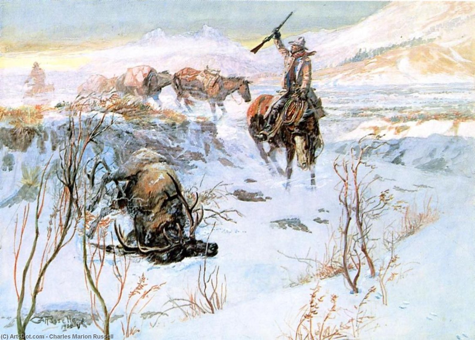 Wikioo.org - The Encyclopedia of Fine Arts - Painting, Artwork by Charles Marion Russell - Christmas Dinner for the Men on the Trail (also known as The Prize Shot)