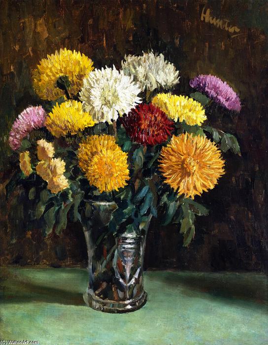 Wikioo.org - The Encyclopedia of Fine Arts - Painting, Artwork by George Leslie Hunter - Chrysanthemums in a Cut Glass Vase