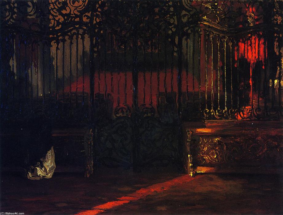Wikioo.org - The Encyclopedia of Fine Arts - Painting, Artwork by Adolph Menzel - Church Interior with Woman at Prayer, before a Rococo Iron Grille