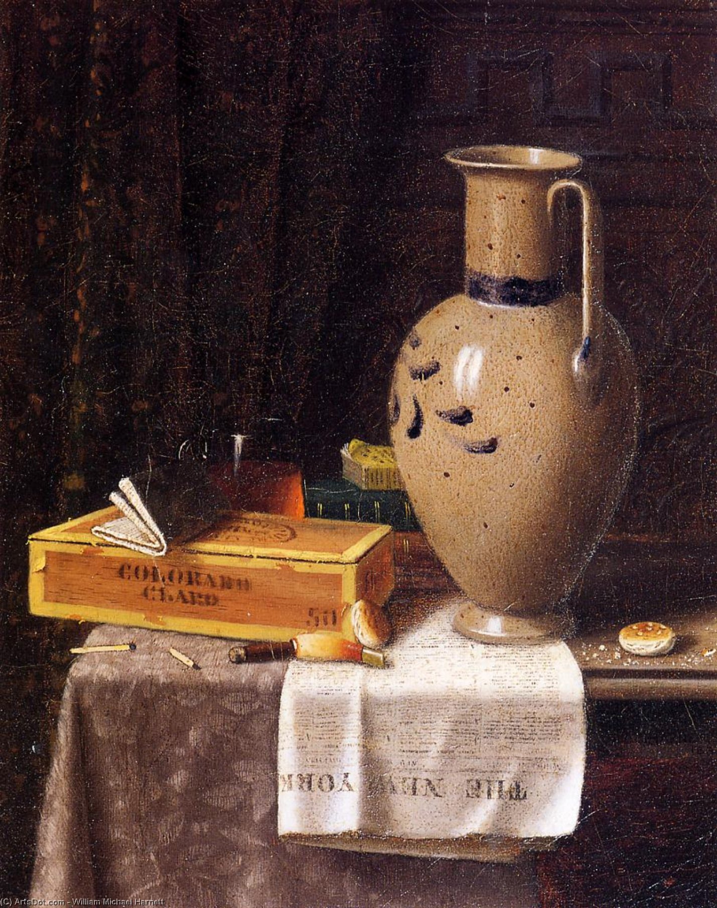 Wikioo.org - The Encyclopedia of Fine Arts - Painting, Artwork by William Michael Harnett - Cigar Box, Pitcher and 'New York World'