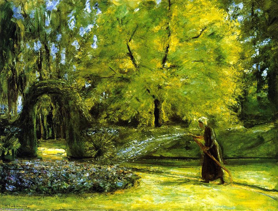 Wikioo.org - The Encyclopedia of Fine Arts - Painting, Artwork by Max Liebermann - The Circular Bed in the Hedge Garden with a Woman Watering flowers