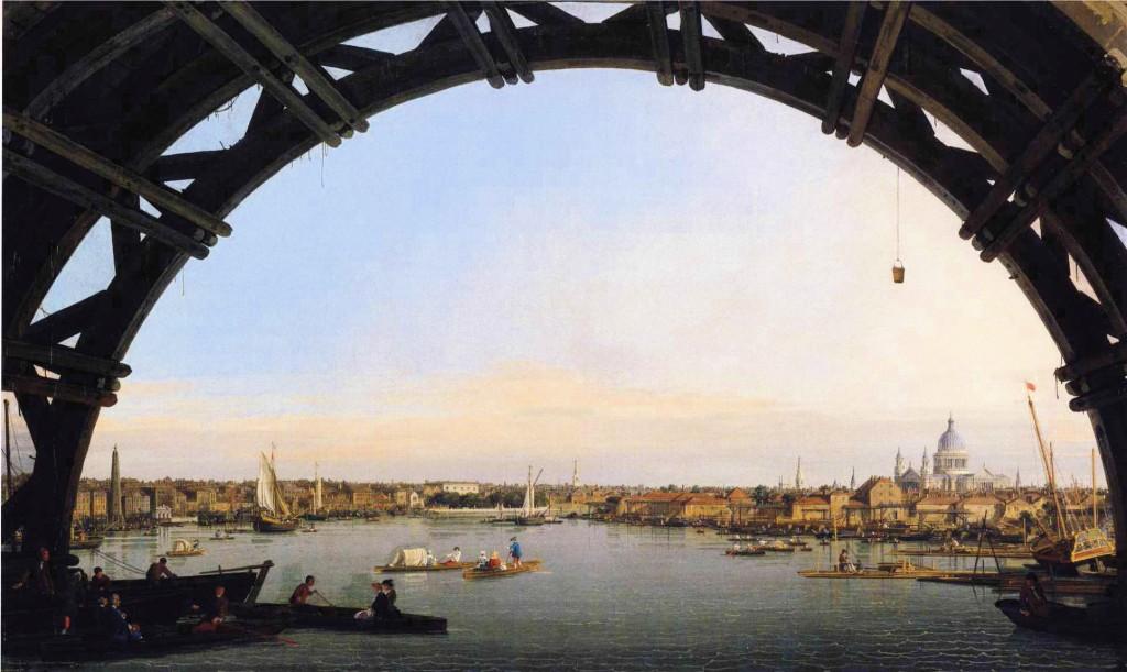 Wikioo.org - The Encyclopedia of Fine Arts - Painting, Artwork by Giovanni Antonio Canal (Canaletto) - The City Seen Through an Arch of Westminster Bridge